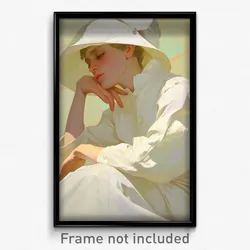 Art Poster - Man Feeling Stuck Wearing Posh White Headwear (Print)