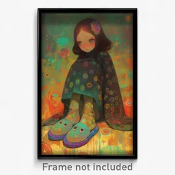 Art Poster - Girl Feeling Fascination Wearing Tidy Animal Slippers (Art Print)