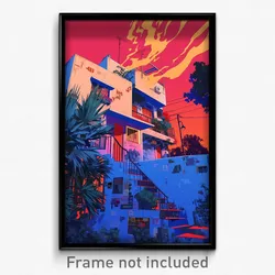 Hebrew Movie Poster - Glitchy Cartoon Architecture (Israel Retro Film Art Print)