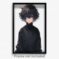 Anime Art Poster - Boy Feeling Outrage Wearing Original Black Sweater (Print)