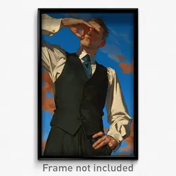 Art Poster - Man Feeling Curiosity Wearing Classic Aqua Necktie (Art Print)