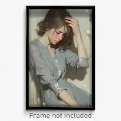 Art Poster - Girl Feeling Stressed Wearing Well Groomed Grey Dress (Art Print)