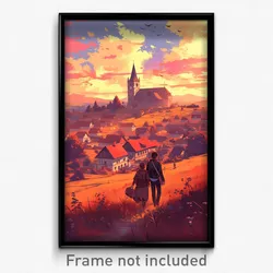 Art Poster - A Man And A Woman Walking Through A European Village
