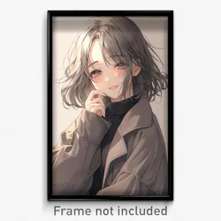 Anime Art Poster - Girl Feeling Contentment Wearing Tidy Grey Coat (Print)