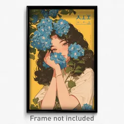 Greek Movie Poster - Girl Feeling Gratitude, Bubbly Blue Flower (Art Print)