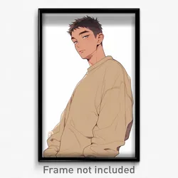 Anime Art Poster - Man Feeling Intrigued Wearing Active Beige Sweater (Print)