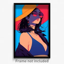 Art Poster - Woman Feeling Focused Wearing Odd Sun Hat (Art Print)