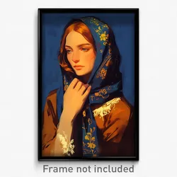 Art Poster - Woman Feeling Doubt Wearing Thin Blue Scarf (Print)