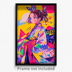 Anime Art Poster - Woman Feeling Delighted Wearing Multicolored Kimono (Print)