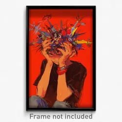 Art Poster - Boy Feeling Unhappy Wearing Wild Cherry Hair Ornament (Art Print)