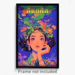 Thai Movie Poster - Girl Feeling Happiness, Bubbly Leaf Hair Ornament (Print)