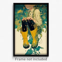 Art Poster - Boy Feeling Self Motivated Wearing Imaginative Rubber Boots (Print)