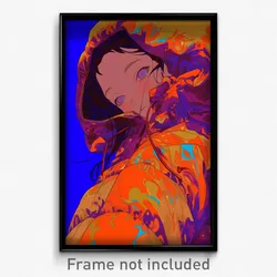 Anime Art Poster - Woman Feeling Thrilled Wearing Glossy Orange Jacket (Print)