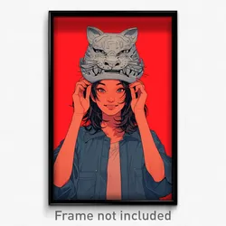 Anime Art Poster - Woman Feeling Thankful Wearing Notable Grey Headwear (Print)