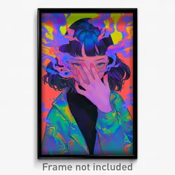Art Poster - Girl Feeling Regret Wearing Violet Green Jacket (Art Print)