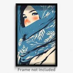 Art Poster - Woman Feeling Careless Wearing Animated Blue Scarf (Art Print)