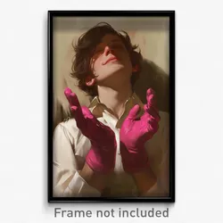 Art Poster - Boy Feeling Contentment Wearing Bulky Pink Gloves (Art Print)