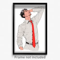 Anime Art Poster - Man Feeling Restlessness, Buoyant Adjusting Necktie (Print)