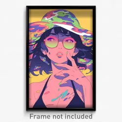 Anime Art Poster - Woman Feeling Puzzled Wearing Interesting Sun Hat (Print)