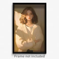 Art Poster - Girl Feeling Pensiveness, Outgoing White Cardigan (Art Print)