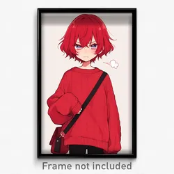 Anime Art Poster - Boy Feeling Dislike Wearing Gripping Red Sweater (Print)
