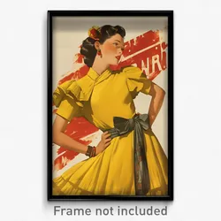 Spanish Movie Poster - Woman Feeling Surprise, Yellowish Long Dress (Art Print)