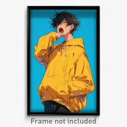 Art Poster - Boy Yawning Wearing Giant Yellow Jacket