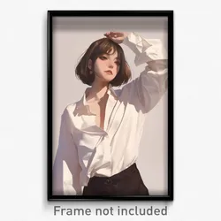 Art Poster - Girl Feeling Nostalgic Wearing Grandiose Side Tie Shirt (Art Print)
