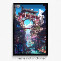 Art Poster - Nautical Chinese City (Psychedelic Trippy Weird Cartoon Print)