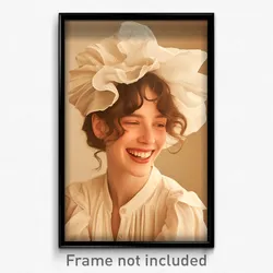 Art Poster - Woman Feeling Delighted Wearing Handmade Frilled Hat (Print)