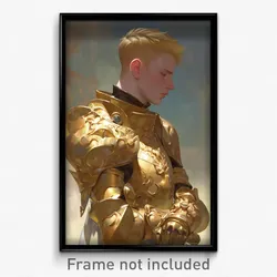 Art Poster - Boy Feeling Pensiveness Wearing Large Gold Armor (Print)