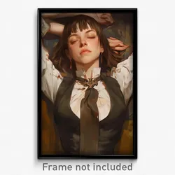 Art Poster - Woman Feeling Relieved Wearing Superb Grey Necktie (Art Print)