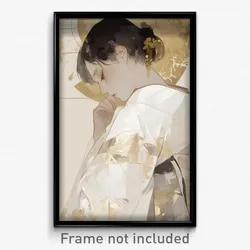 Art Poster - Girl Feeling Woe Wearing Remarkable White Kimono (Print)