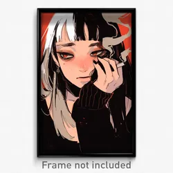 Anime Art Poster - Woman Feeling Worried, Black And White Brown Ribbon (Print)