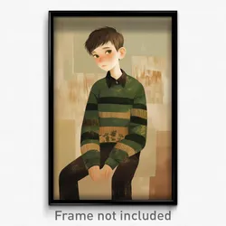 Art Poster - Boy Feeling Insightful Wearing Green Striped Sweater (Art Print)