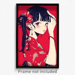 Anime Art Poster - Woman Feeling Alarm Wearing Beautiful Red Scrunchie (Print)