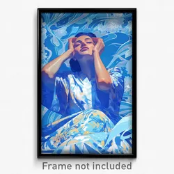 Art Poster - Woman Feeling Self Confident Wearing Blue White Sarong (Art Print)