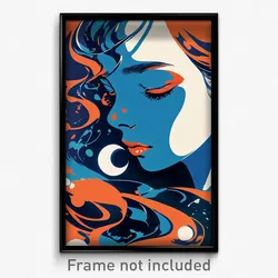 Movie Art Poster - Girl Feeling Calmness, Simple Moon Ornament (Film Print)