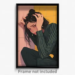 Anime Art Poster - Woman Feeling Claustrophobic, Fluffy Pinstripe Shirt (Print)