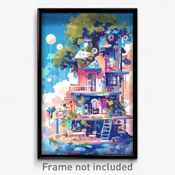Art Poster - Cute Mansion (Psychedelic Trippy Weird 11x17 Cartoon Print)