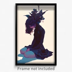Art Poster - Girl Feeling Tension Wearing Posh Dress Flower (Art Print)