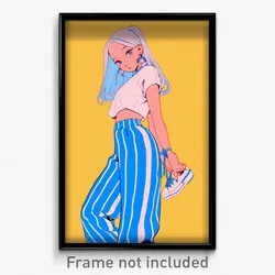 Anime Art Poster - Girl Feeling Fascination Wearing Blue Striped Pants (Print)