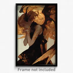 Art Poster - Girl Feeling Ambivalence Wearing Luxurious Dragon Wings (Art Print)