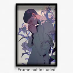 Anime Art Poster - Man Feeling Regret Wearing Gray Dress Flower (Print)
