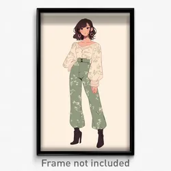 Anime Art Poster - Woman Feeling Sadness Wearing Flowery Green Pants (Print)