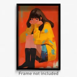 Art Poster - Girl Feeling Anxious Wearing Vibrant Yellow Cardigan (Art Print)