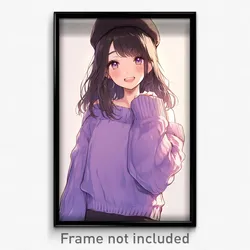 Anime Art Poster - Girl Feeling Delighted Wearing Simple Purple Sweater (Print)