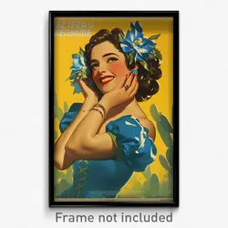 Spanish Movie Poster - Woman Feeling Cheerfulness, Feminine Blue Flower (Print)