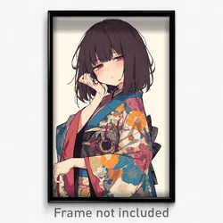 Anime Art Poster - Girl Feeling Troubled, Grandiose Multicolored Kimono (Print)