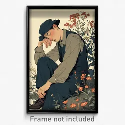 Anime Art Poster - Man Feeling Attentiveness Wearing Worn Hat Flower (Print)
